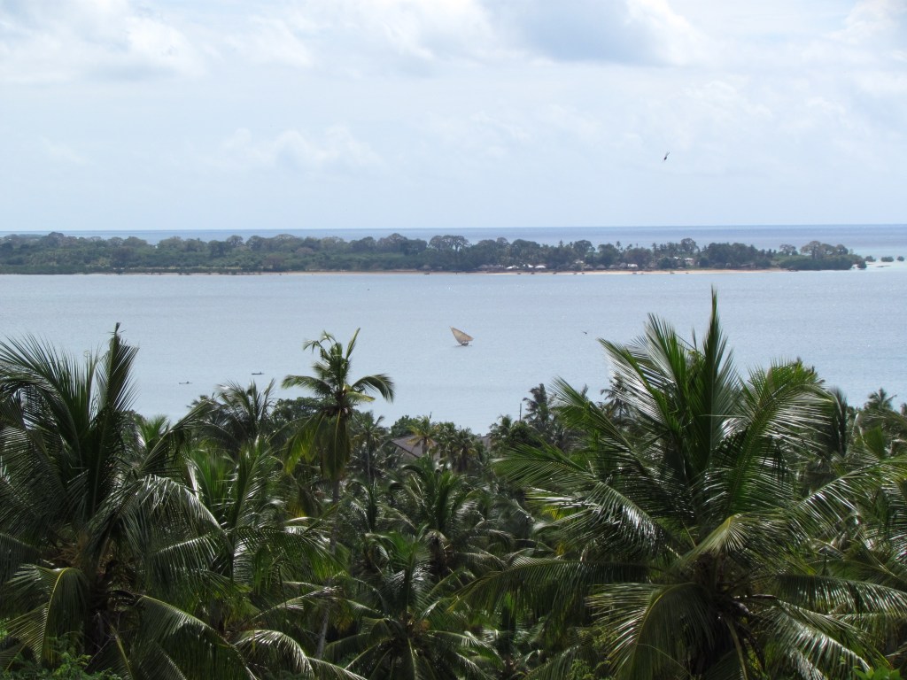 A view of a calm sea with a small sailboat in the distance, surrounded by lush green palm trees and an island in the background under a partly cloudy sky.