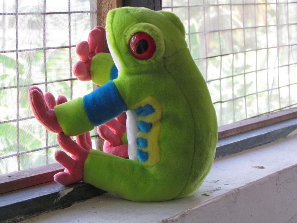 A colorful plush frog sitting on a windowsill, with bright green and pink details.